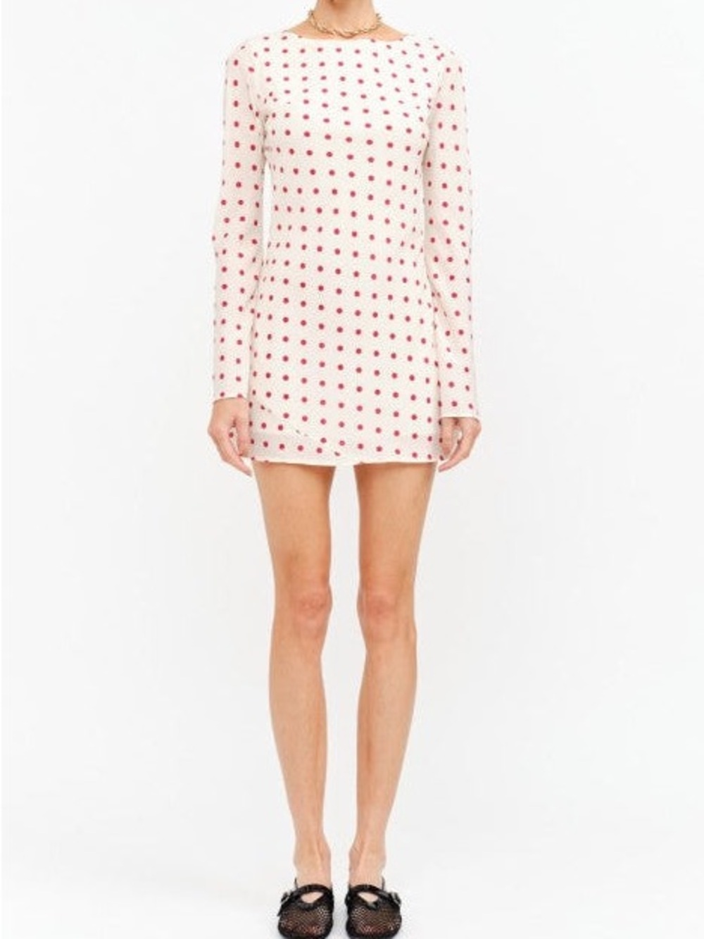 Cream Long-Sleeve Mini Dress with Red Polka Dots